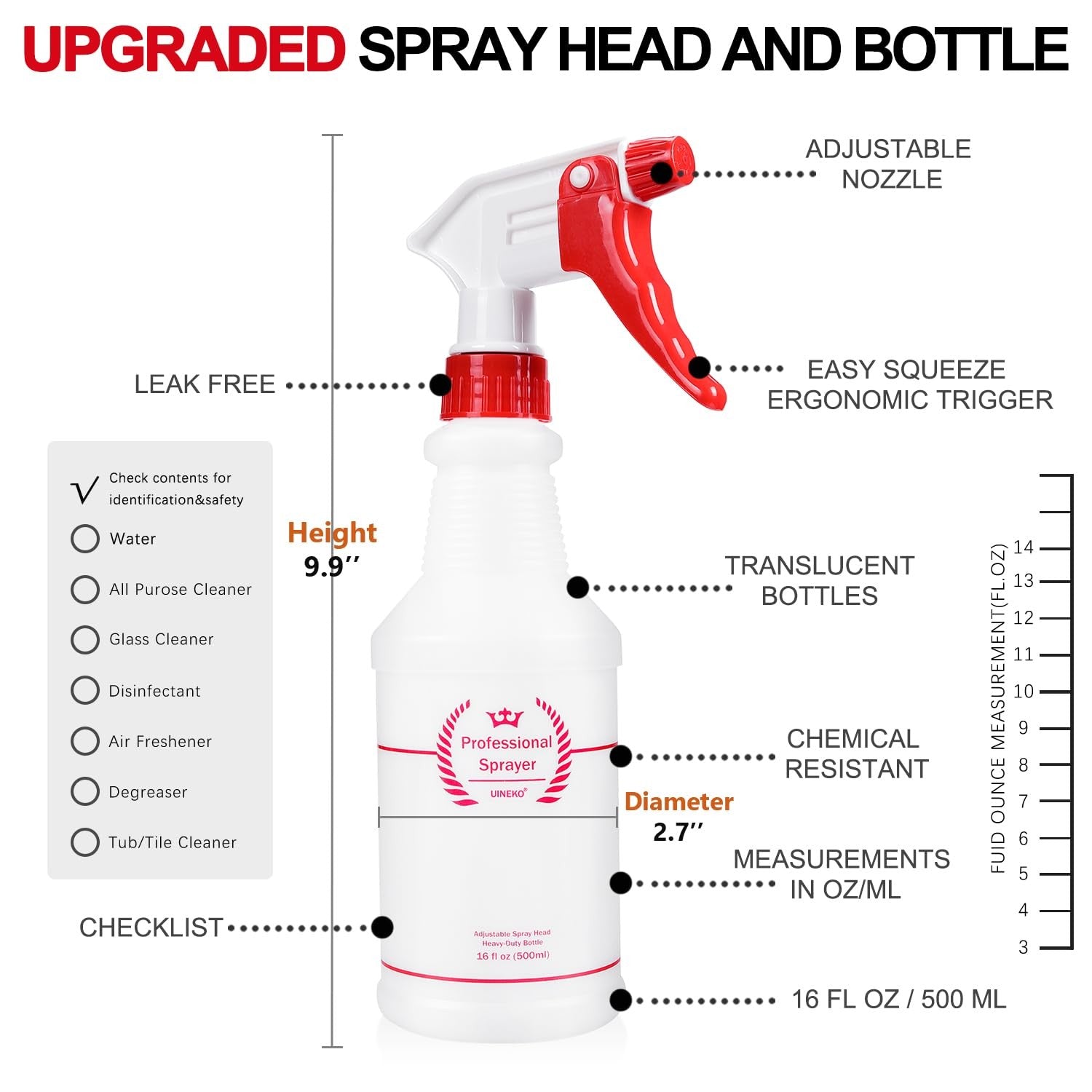 16 Oz Spray Bottles (4 Pack) - Heavy Duty, Leak Proof, Adjustable Nozzle