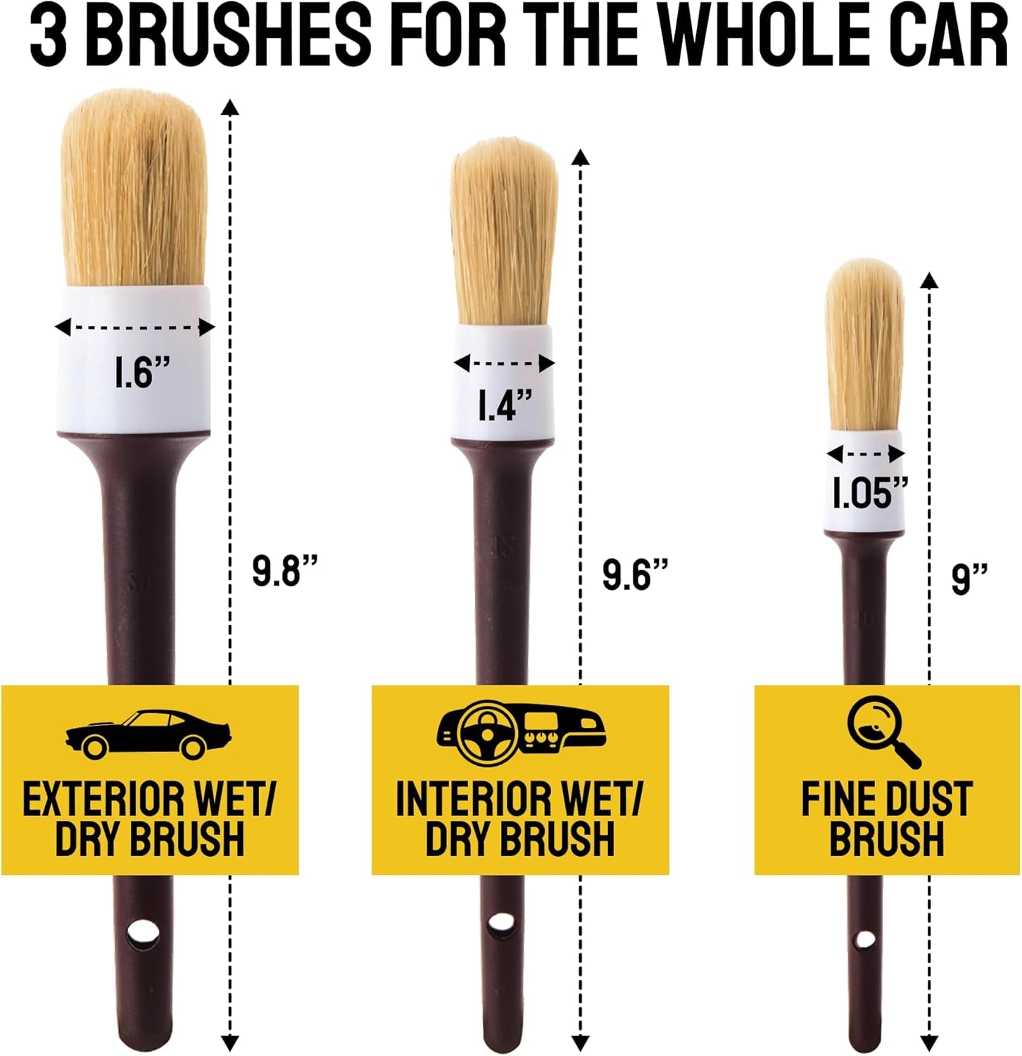 Car Detailing Brush Set 3-Pc - Scratch-Free Boars Hair for Interior and Exterior Work - Pro Quality Car Cleaning Brush Kit for Leather Seats, Dashboards, Wheels, Grills and Paint