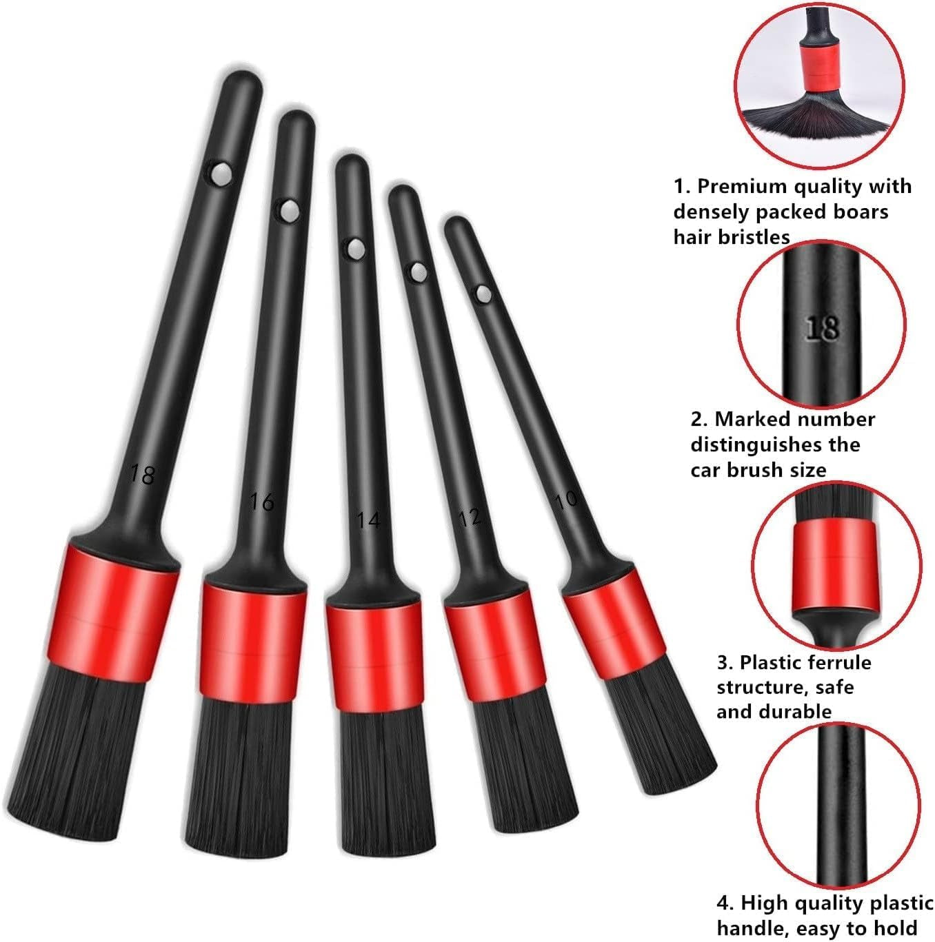 11Pcs Auto Detailing Set, Boar Hair Brushes, Steel Wire & A/C Brushes, Red, Soft Bristles, Wood Handles for Cleaning Interior, Exterior, Leather, 6 Sizes