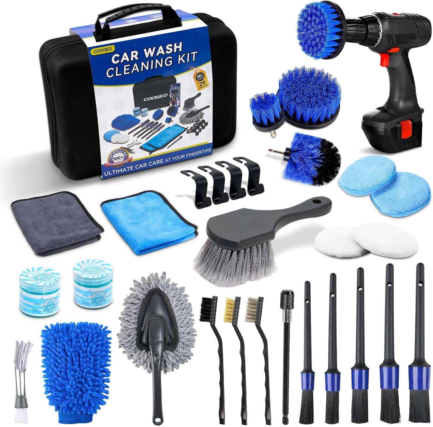 29Pcs Car Detailing Kit,Compelete Car Cleaning Kits Interior Cleaner with Detailing Brushes,Drill Brush Heads,Car Wash Kit with Cleaning Gel,Wash Mitt,Car Hooks,Car Care Gift for Men