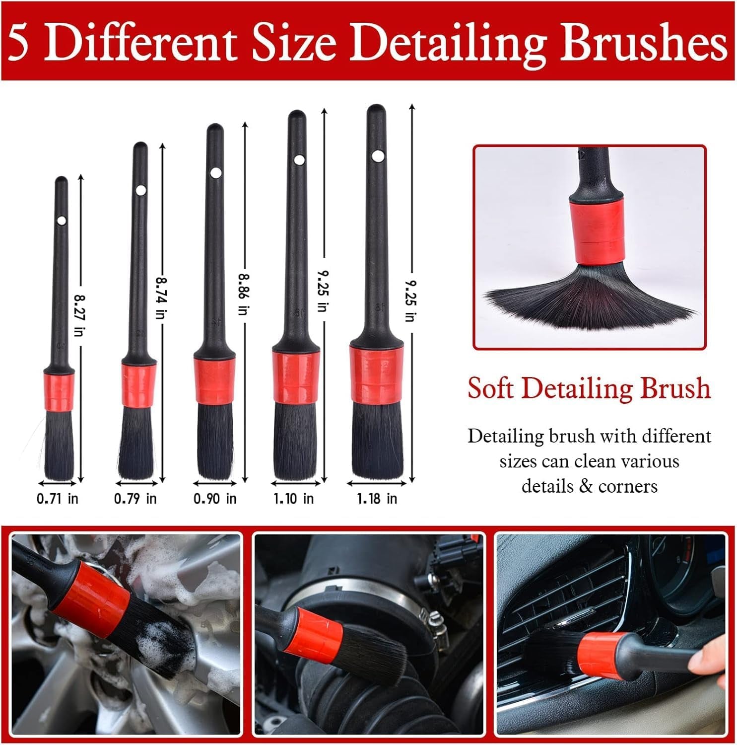 11Pcs Auto Detailing Set, Boar Hair Brushes, Steel Wire & A/C Brushes, Red, Soft Bristles, Wood Handles for Cleaning Interior, Exterior, Leather, 6 Sizes