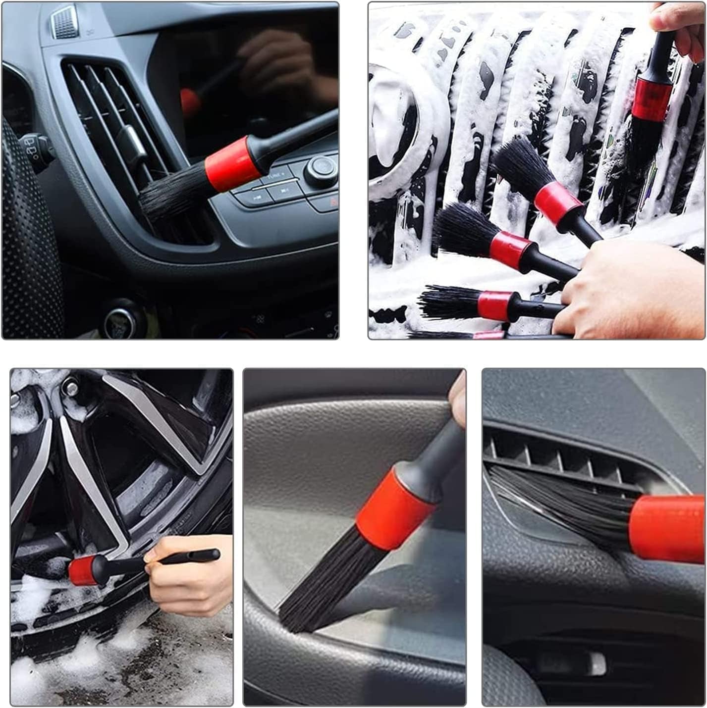 11Pcs Auto Detailing Set, Boar Hair Brushes, Steel Wire & A/C Brushes, Red, Soft Bristles, Wood Handles for Cleaning Interior, Exterior, Leather, 6 Sizes
