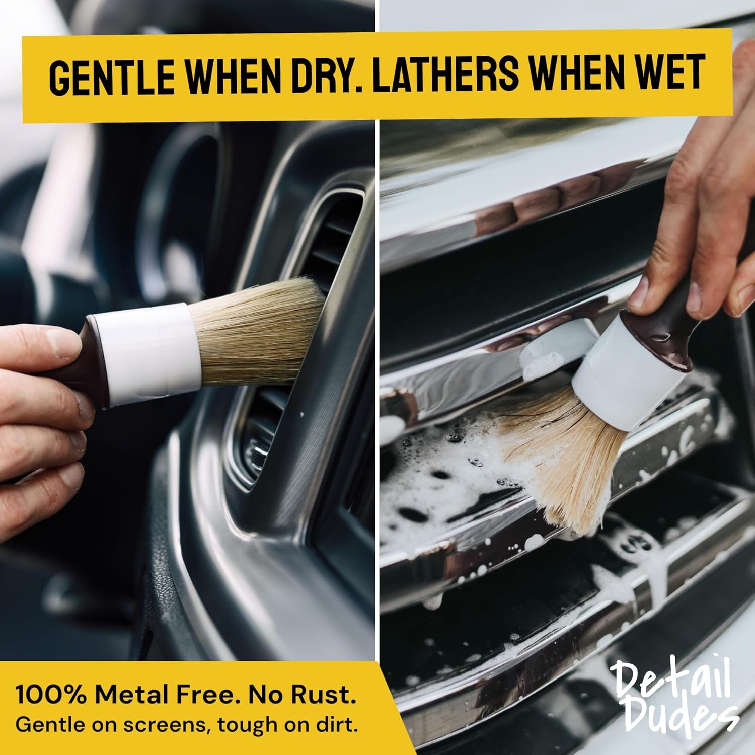 Car Detailing Brush Set 3-Pc - Scratch-Free Boars Hair for Interior and Exterior Work - Pro Quality Car Cleaning Brush Kit for Leather Seats, Dashboards, Wheels, Grills and Paint