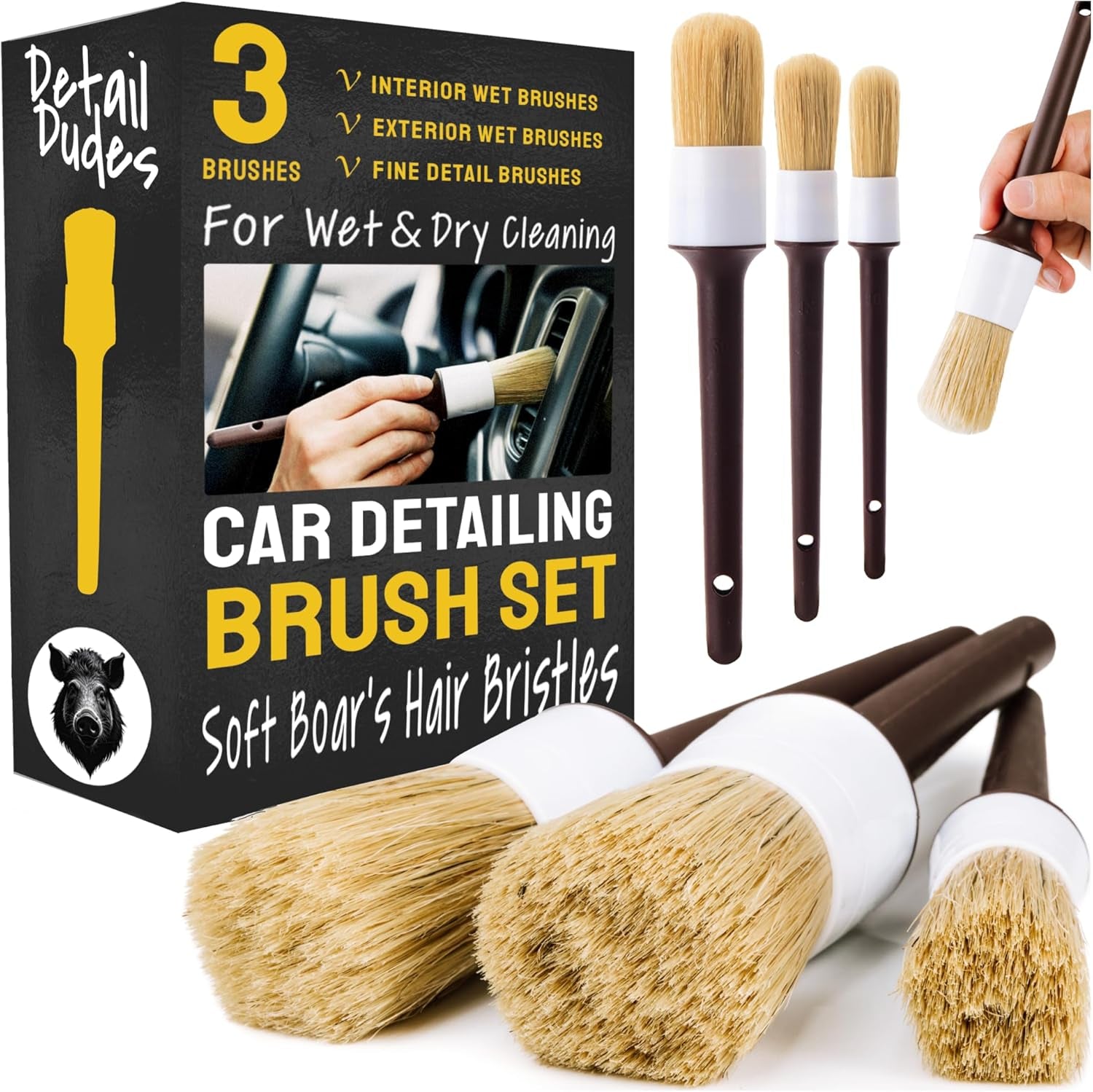 Car Detailing Brush Set 3-Pc - Scratch-Free Boars Hair for Interior and Exterior Work - Pro Quality Car Cleaning Brush Kit for Leather Seats, Dashboards, Wheels, Grills and Paint