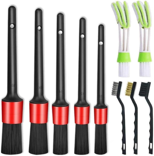 11Pcs Auto Detailing Set, Boar Hair Brushes, Steel Wire & A/C Brushes, Red, Soft Bristles, Wood Handles for Cleaning Interior, Exterior, Leather, 6 Sizes