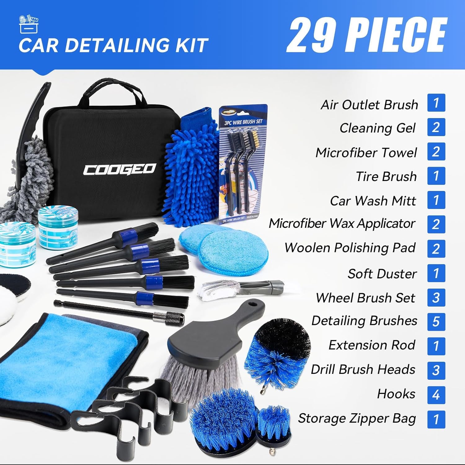 29Pcs Car Detailing Kit,Compelete Car Cleaning Kits Interior Cleaner with Detailing Brushes,Drill Brush Heads,Car Wash Kit with Cleaning Gel,Wash Mitt,Car Hooks,Car Care Gift for Men